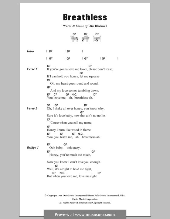 Breathless: Lyrics and chords by Otis Blackwell