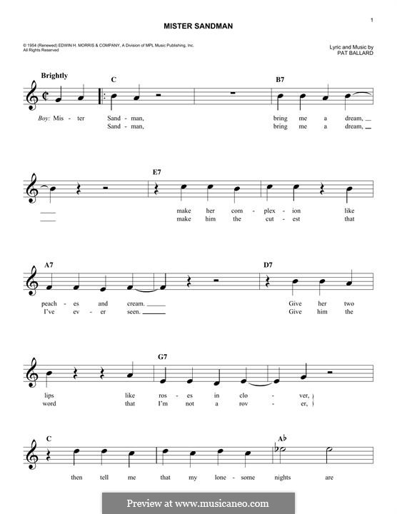 Mister Sandman (The Chordettes): Melody line by Pat Ballard