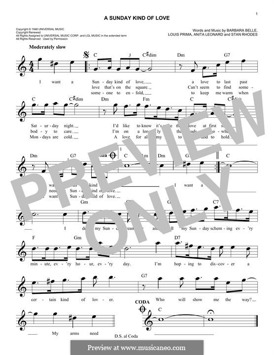 A Sunday Kind of Love: Melody line by Anita Leonard, Barbara Belle, Louis Prima, Stan Rhodes