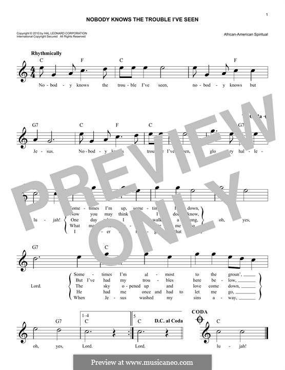 Nobody Knows the Trouble I've Seen: Melody line by folklore