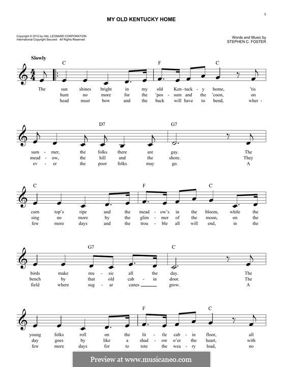 My Old Kentucky Home Good-Night: Melody line by Stephen Collins Foster