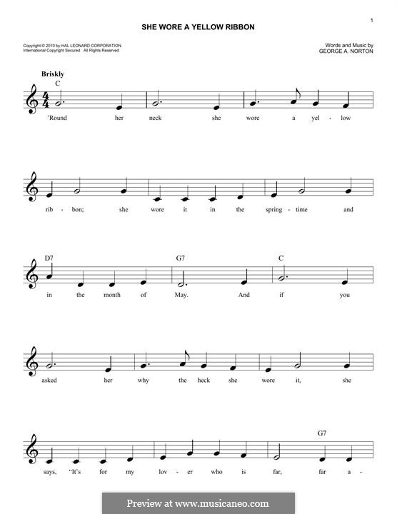 She Wore a Yellow Ribbon: Melody line by George A. Norton