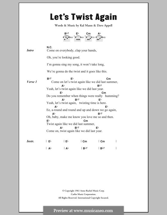 Let's Twist Again (Chubby Checker): Lyrics and chords by Dave Appell, Kal Mann