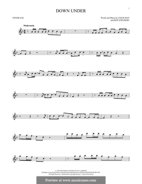 Down Under (Men at Work): For tenor saxophone by Colin Hay, Ron Strykert