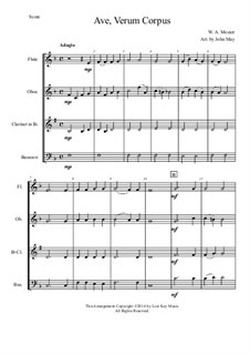 Ave verum corpus, K.618: For woodwind quartet by Wolfgang Amadeus Mozart