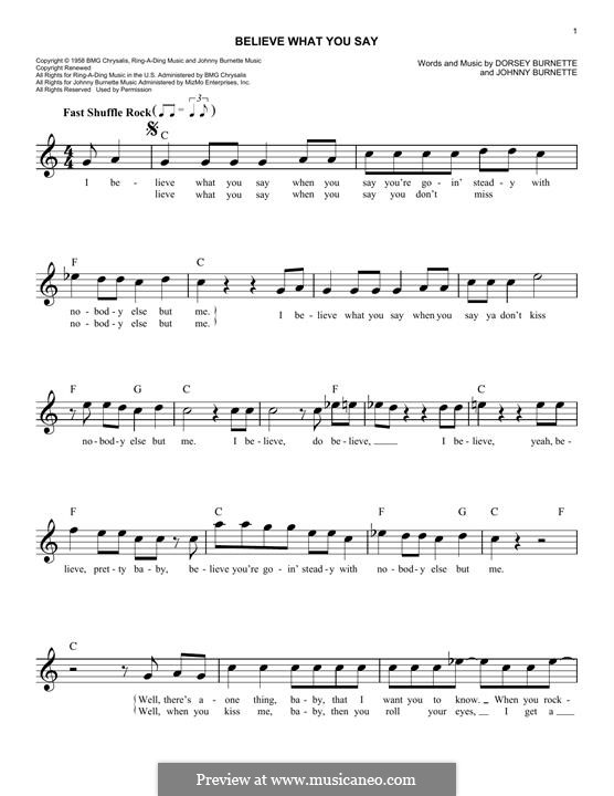 Believe What You Say (Ricky Nelson): Melody line by Dorsey Burnette, Johnny Burnette