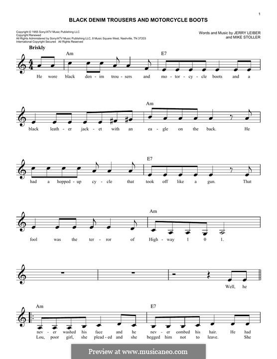 Black Denim Trousers and Motorcycle Boots (The Cheers): Melody line by Jerry Leiber, Mike Stoller
