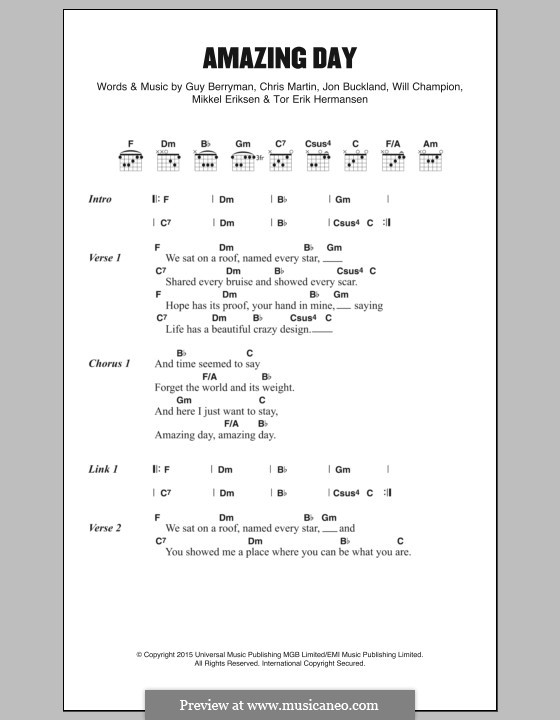 Amazing Day (Coldplay): Lyrics and chords by Chris Martin, Guy Berryman, Jonny Buckland, Mikkel Storleer Eriksen, Will Champion