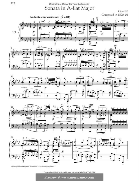 Sonata for Piano No.12 in A Flat Major, Op.26: For a single performer by Ludwig van Beethoven