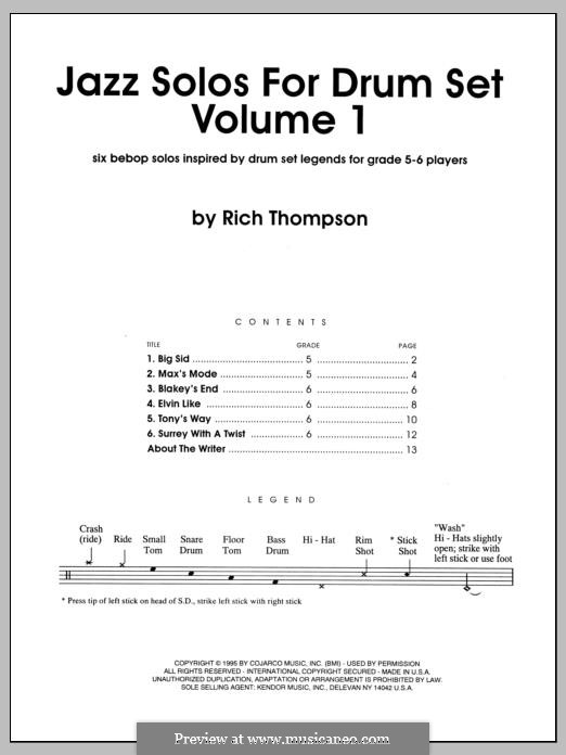 Jazz Solos for Drum Set, Volume 1 by R. Thompson - sheet music on MusicaNeo
