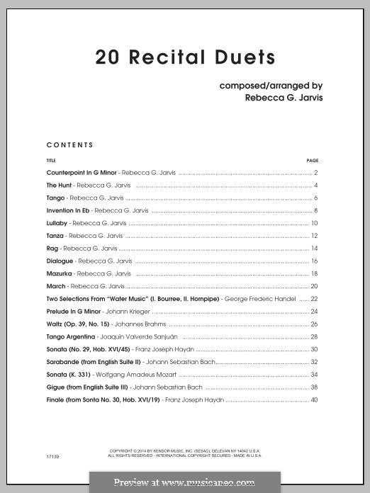 20 Recital Duets: 20 Recital Duets by Johann Sebastian Bach, Wolfgang Amadeus Mozart, Johannes Brahms, Georg Friedrich Händel, Johann Krieger, Rebecca Jarvis