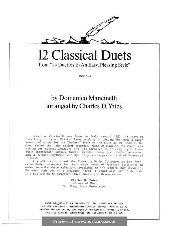 12 Classics Duets (from 24 Duettos in an Easy, Pleasing Style): For any instruments by Dominico Mancinelli