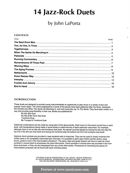 14 Jazz-Rock Duets: For alto and tenor sax by John LaPorta