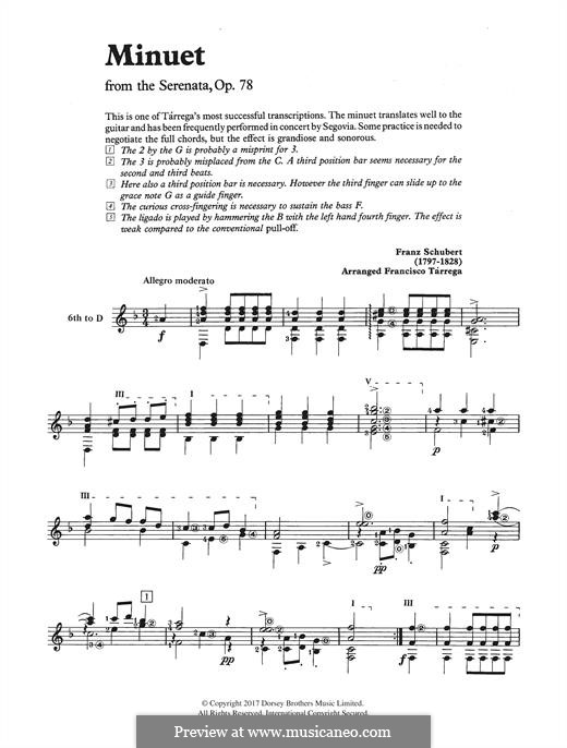 Sonata for Piano No.18 in G Major, D.894 Op.78: Movement III. Minuet, for guitar by Franz Schubert