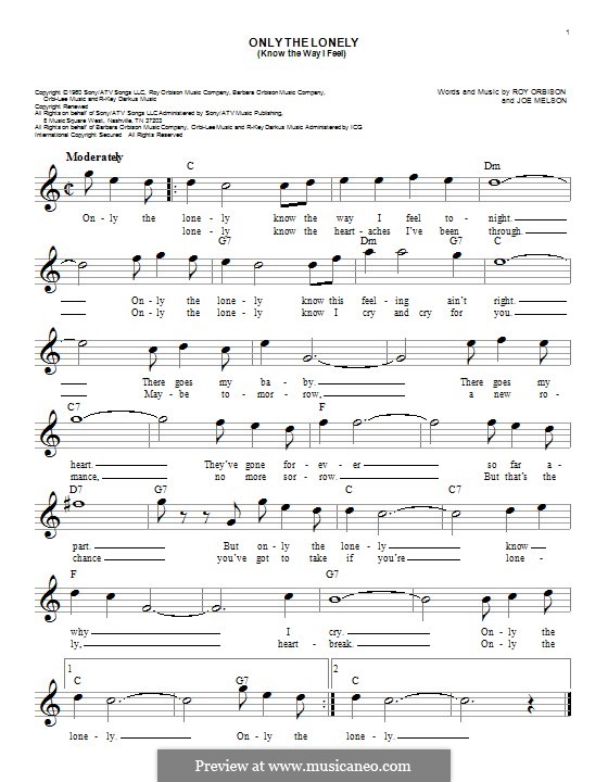 Only the Lonely (Know the Way I Feel): Melody line by Joe Melson