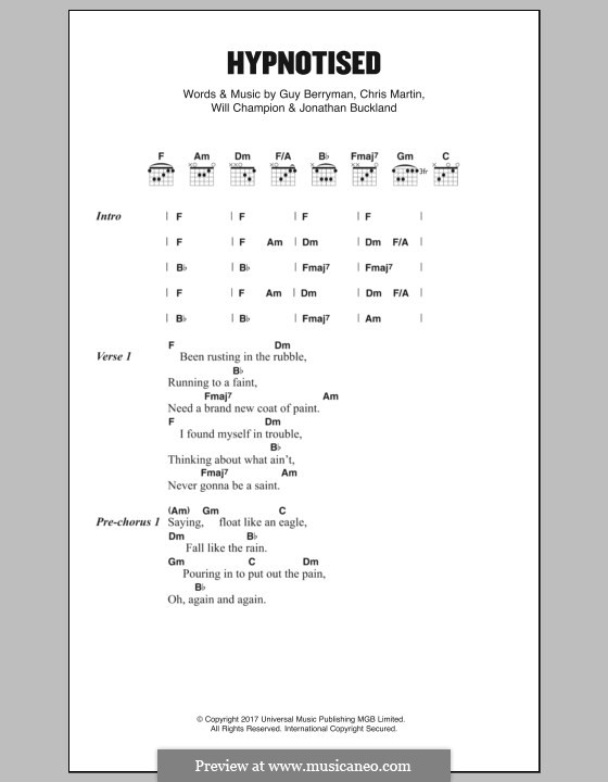 Hypnotised (Coldplay): Lyrics and chords by Chris Martin, Guy Berryman, Jonny Buckland, Will Champion