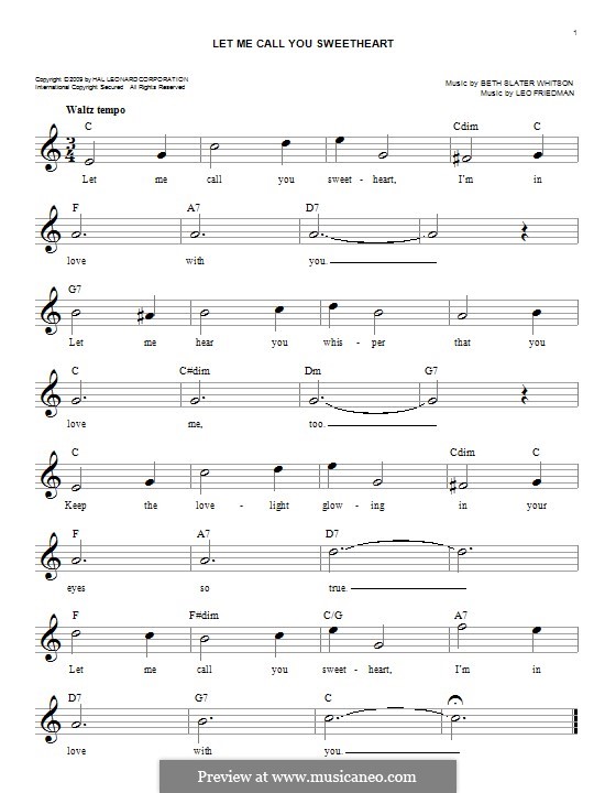 Let Me Call You Sweetheart: Melody line by Leo Friedman