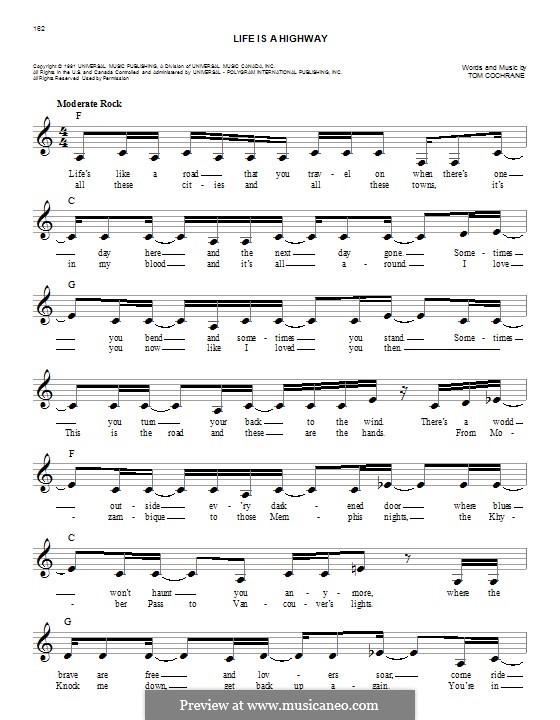 Life Is a Highway: Melody line by Tom Cochrane