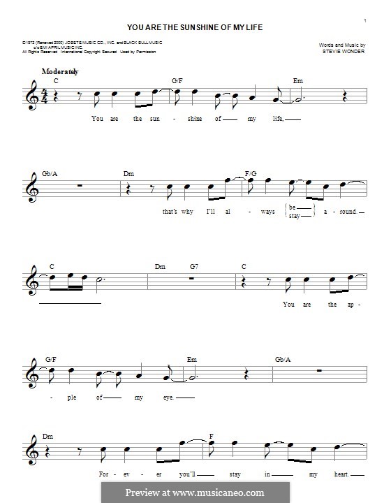 You Are The Sunshine Of My Life By S Wonder Sheet Music On Musicaneo