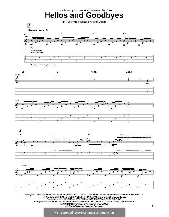 Hellos and Goodbyes: For guitar with tab by Tommy Emmanuel, Virgil Donati