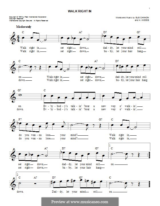 Walk Right in (The Rooftop Singers): Melody line by Gus Cannon, Harry Woods