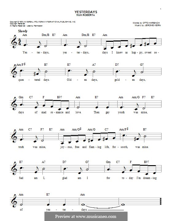 Yesterdays (from Roberta): Melody line by Jerome Kern