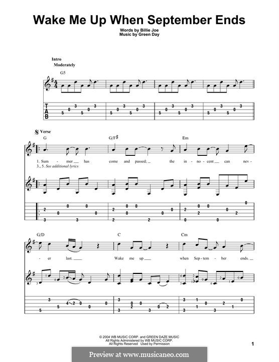 Wake Me Up When September Ends (Green Day): For guitar with tab by Billie Joe Armstrong, Tré Cool, Michael Pritchard