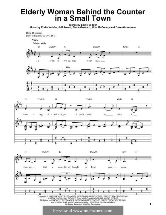 Elderly Woman Behind the Counter in a Small Town (Pearl Jam): For guitar with tab by David Abbruzzese, Eddie Vedder, Jeff Ament, Mike McCready, Stone Gossard