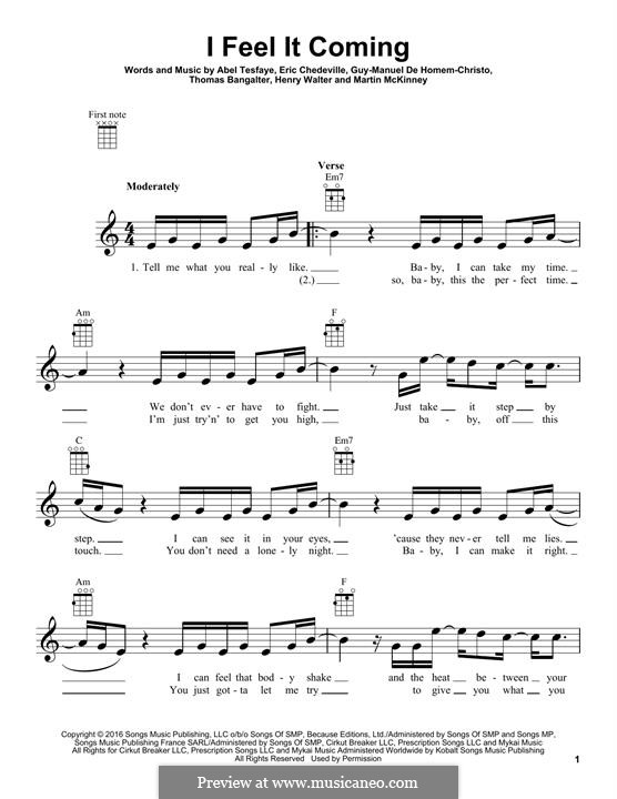 I Feel It Coming (The Weeknd): For ukulele by Thomas Bangalter, Henry Russell Walter, Guy-Manuel de Homem-Christo, Abel Tesfaye, Martin McKinney