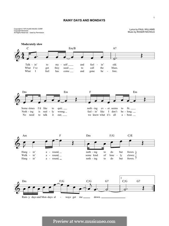 Rainy Days And Mondays (Piano Solo) - Print Sheet Music Now