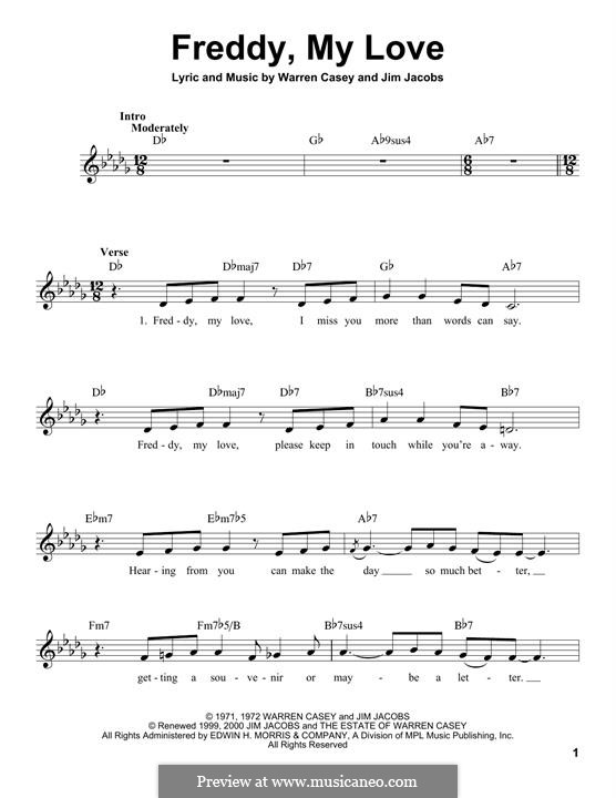 Freddy, My Love: Melody line by Jim Jacobs, Warren Casey