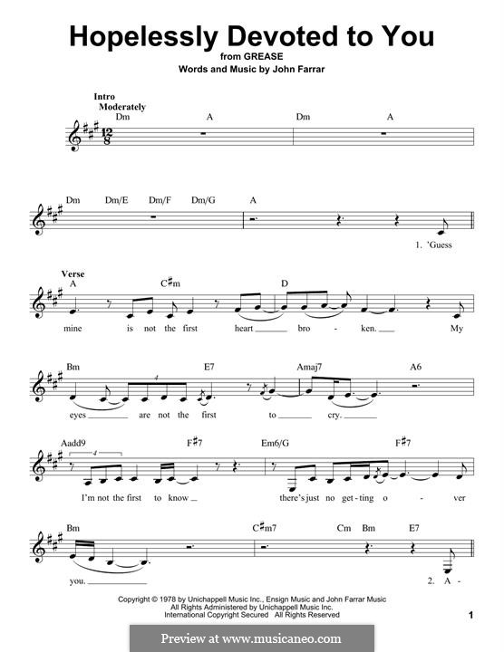 Hopelessly Devoted to You (from Grease): Melody line by John Farrar