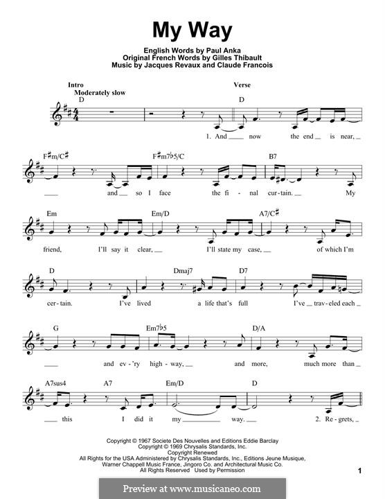 My Way: Melody line by Claude Francois, Jacques Revaux