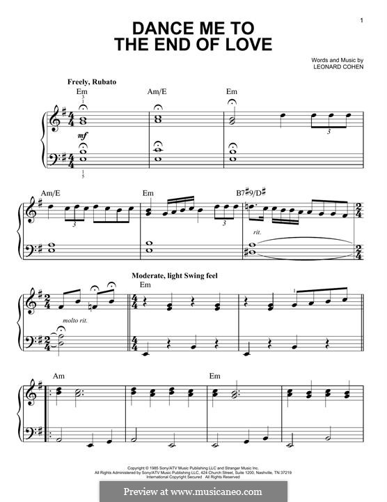 dance me to the end of love by l cohen sheet music on musicaneo dance with me sheet music