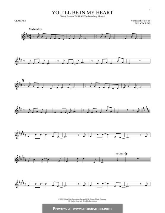 You'll Be in My Heart (from Walt Disney's Tarzan): For clarinet by Phil Collins