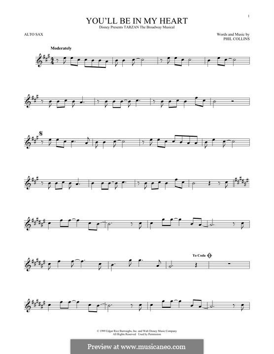 You'll Be in My Heart (from Walt Disney's Tarzan): For alto saxophone by Phil Collins