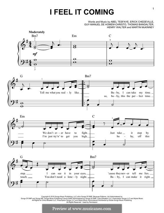 I Feel It Coming (The Weeknd): For piano by Thomas Bangalter, Henry Russell Walter, Guy-Manuel de Homem-Christo, Abel Tesfaye, Martin McKinney