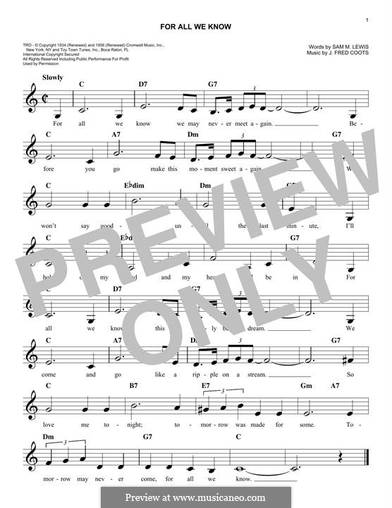 For All We Know: Melody line by J. Fred Coots