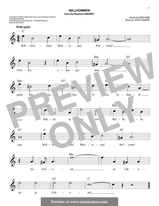 Willkommen (from Cabaret): Melody line by John Kander