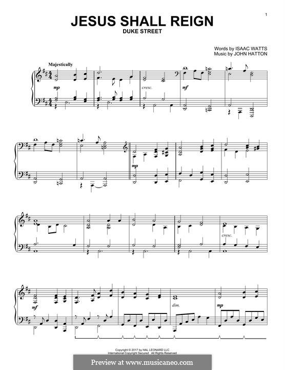 Jesus Shall Reign (Where'er The Sun): For piano by John Liptrot Hatton