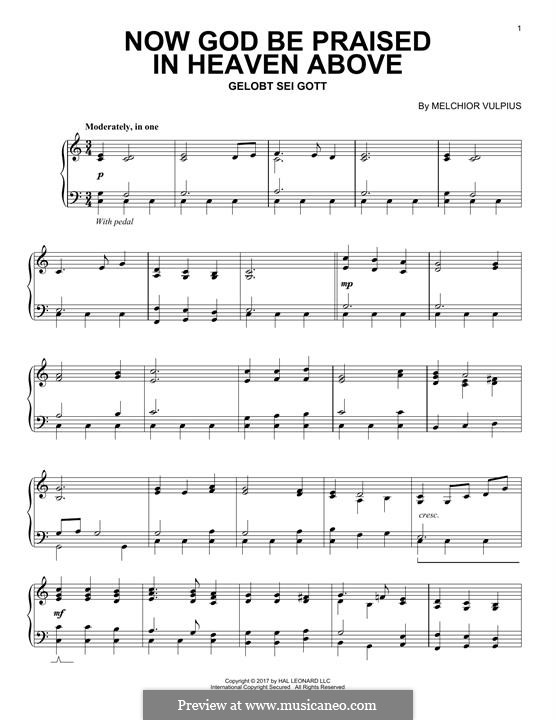 Now God Be Praised in Heaven Above: For piano by Melchior Vulpius