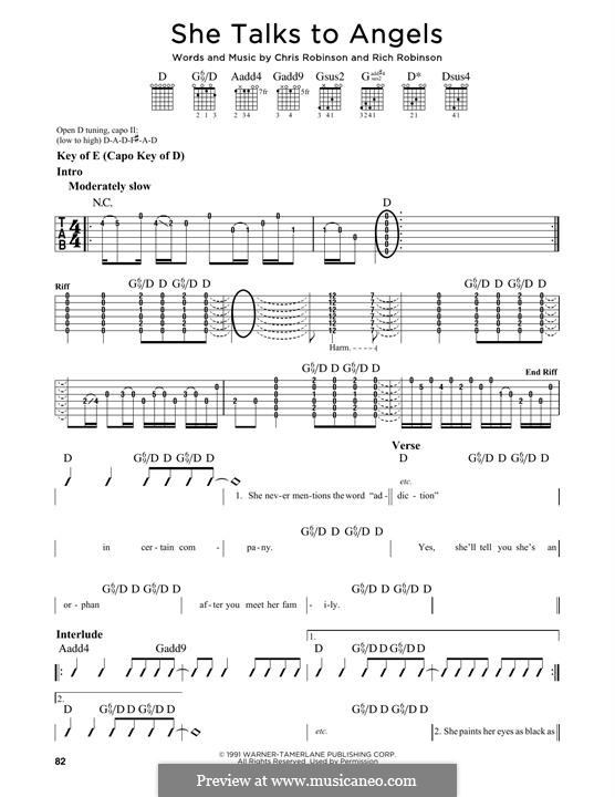 She Talks to Angels (Black Crowes): For guitar with tab by Chris Robinson, Rich Robinson