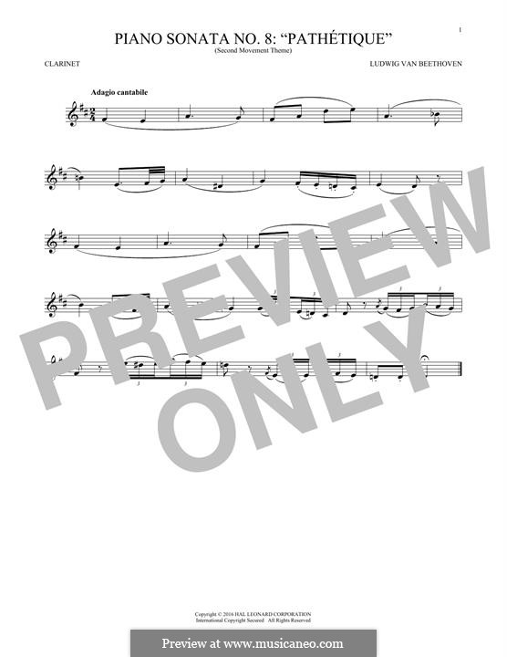 Movement II (Printable scores): Theme. Version for clarinet by Ludwig van Beethoven