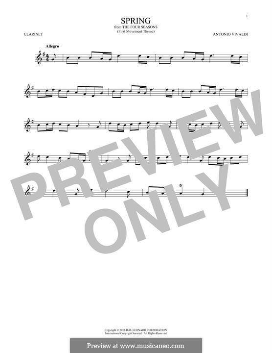 Violin Concerto No.1 in E Major 'La primavera' (Printable Scores), RV 269: Movement I (Theme), for clarinet by Antonio Vivaldi