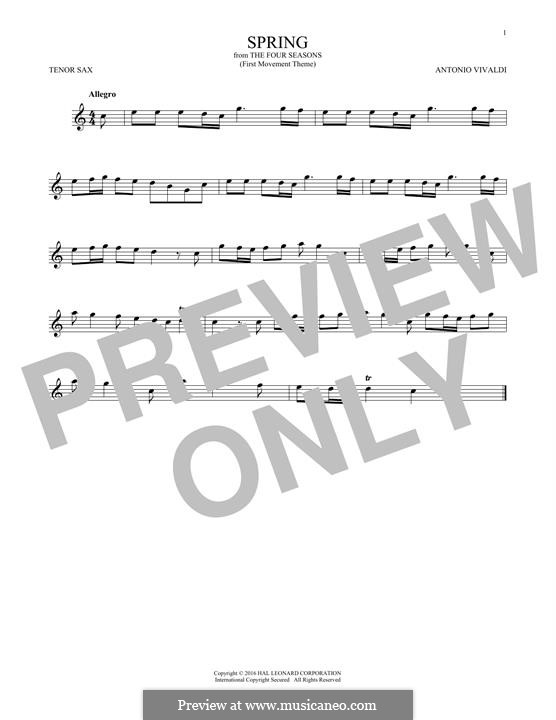 Violin Concerto No.1 in E Major 'La primavera' (Printable Scores), RV 269: Movement I (Theme), for tenor saxophone by Antonio Vivaldi
