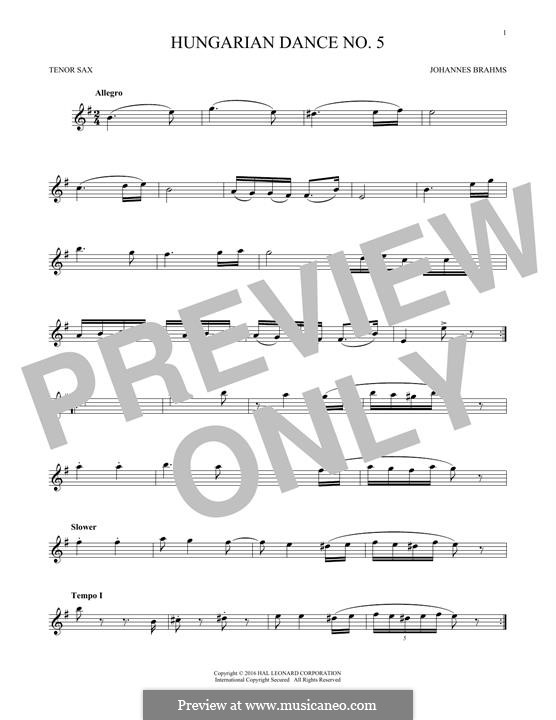 Dance No.5 in F Sharp Minor (Printable scores): For tenor saxophone by Johannes Brahms
