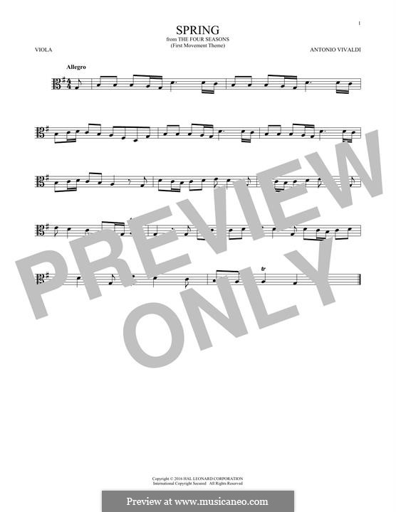 Violin Concerto No.1 in E Major 'La primavera' (Printable Scores), RV 269: Movement I (Theme), for viola by Antonio Vivaldi