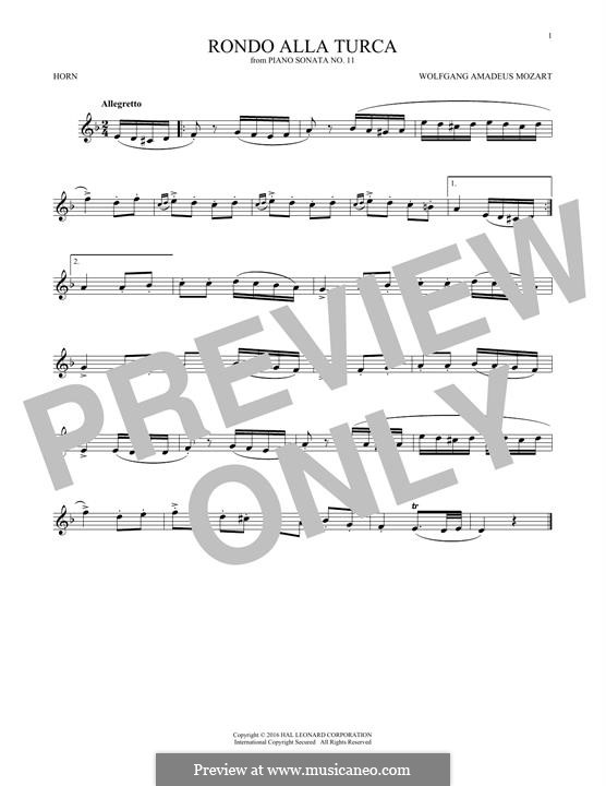 Rondo alla turca (Printable Scores): For horn (fragment) by Wolfgang Amadeus Mozart