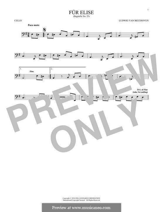 For Elise (Printable Scores), WoO 59: For cello by Ludwig van Beethoven