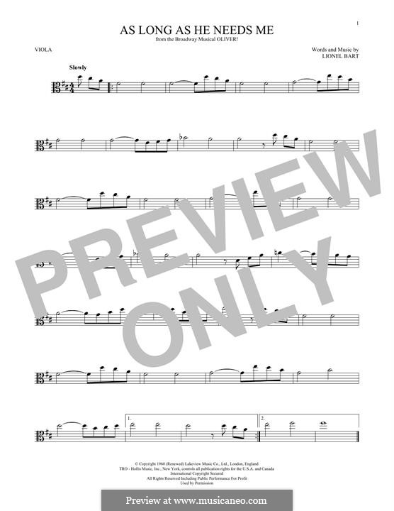 As Long as He Needs Me (from Oliver!): For viola by Lionel Bart